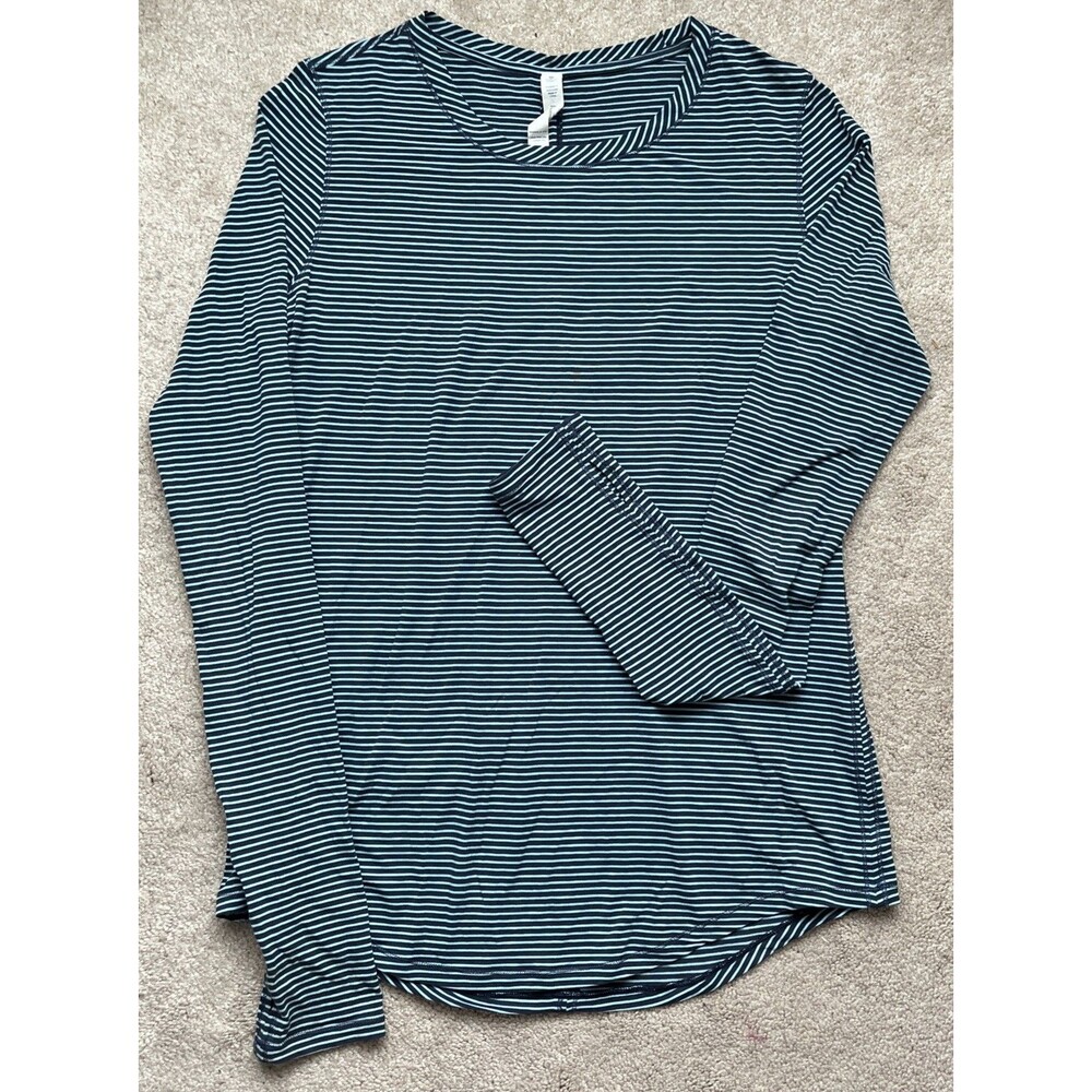 Lululemon All Yours T-Shirt Womens 12 Striped Long Sleeve Blue Curved Hem Preppy